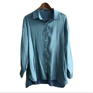 SHEIN Iridescent Shimmer Long Sleeve Collared Button Down Blouse Top Shirt Blue